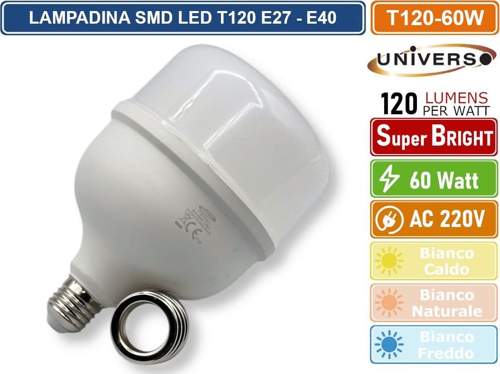 UNIVERSO T120-60W LAMPADINA SMD LED E27 + ADATTATORE E40 60W TUBOLARE T120 7300 LUMEN - 3000K - 4000K - 6500K - 2