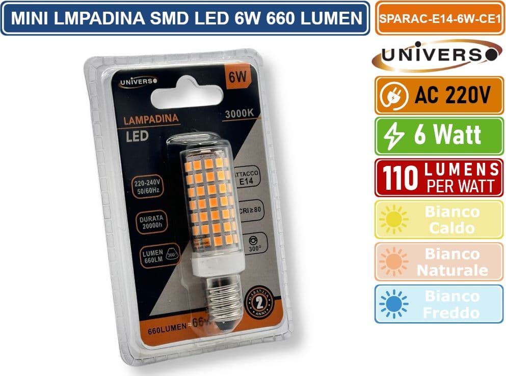 CONFEZIONE 5 PEZZI UNIVERSO MINI LAMPADINA CORN LED SMD 2835 E14 6W WATT 660 LUMEN 3000K - 4000K - 6000K - 4