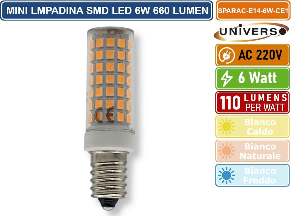 CONFEZIONE 10 PEZZI UNIVERSO MINI LAMPADINA CORN LED SMD 2835 E14 6W WATT 660 LUMEN 3000K - 4000K - 6000K - 3
