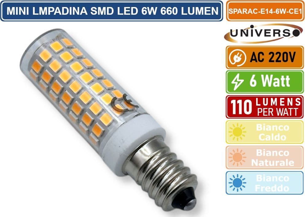 CONFEZIONE 20 PEZZI UNIVERSO MINI LAMPADINA CORN LED SMD 2835 E14 6W WATT 660 LUMEN 3000K - 4000K - 6000K - 2
