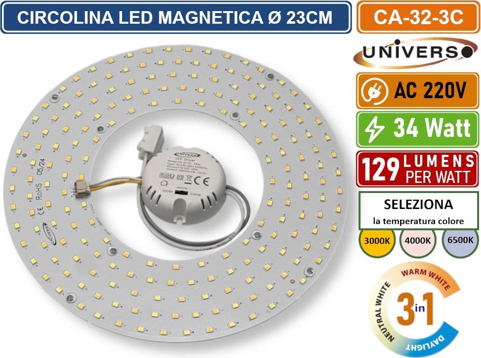 CIRCOLINA MAGNETICA NEON LED PIASTRA DISCO ANELLO PLAFONIERA CIRCOLARE LAMPADA T9 G10Q 34W Ø23CM COLORE LUCE SELEZIONABILE CCT 3IN1 3000K - 4000K -6500K - 2