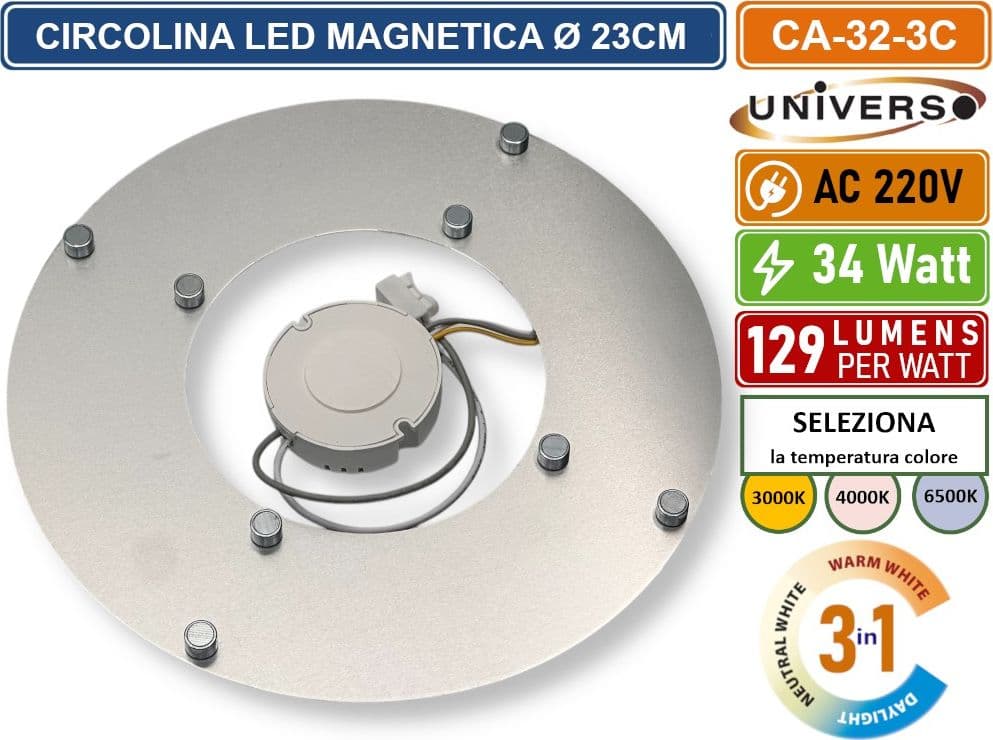 CIRCOLINA MAGNETICA NEON LED PIASTRA DISCO ANELLO PLAFONIERA CIRCOLARE LAMPADA T9 G10Q 34W Ø23CM COLORE LUCE SELEZIONABILE CCT 3IN1 3000K - 4000K -6500K - 3