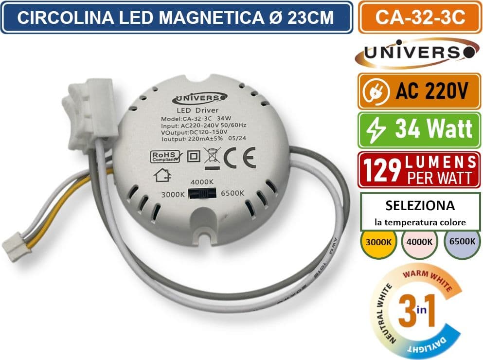 CIRCOLINA MAGNETICA NEON LED PIASTRA DISCO ANELLO PLAFONIERA CIRCOLARE LAMPADA T9 G10Q 34W Ø23CM COLORE LUCE SELEZIONABILE CCT 3IN1 3000K - 4000K -6500K - 4