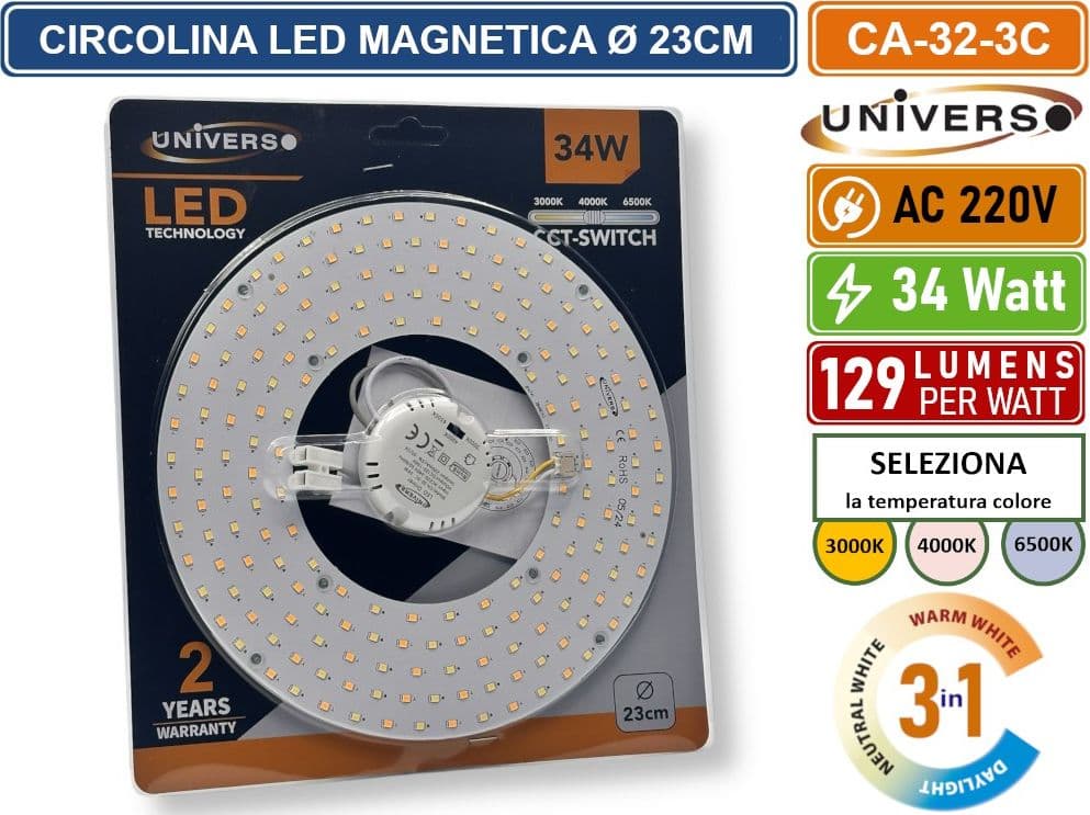 CIRCOLINA MAGNETICA NEON LED PIASTRA DISCO ANELLO PLAFONIERA CIRCOLARE LAMPADA T9 G10Q 34W Ø23CM COLORE LUCE SELEZIONABILE CCT 3IN1 3000K - 4000K -6500K - 5