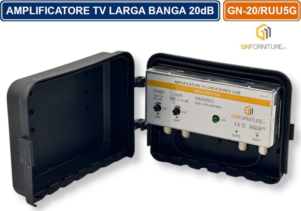 AMPLIFICATORE TV LARGA BANDA 20dB CON FILTRO 5G/LTE INTEGRATO PER DVB-T2 2 INGRESSI 2 USCITE - 2