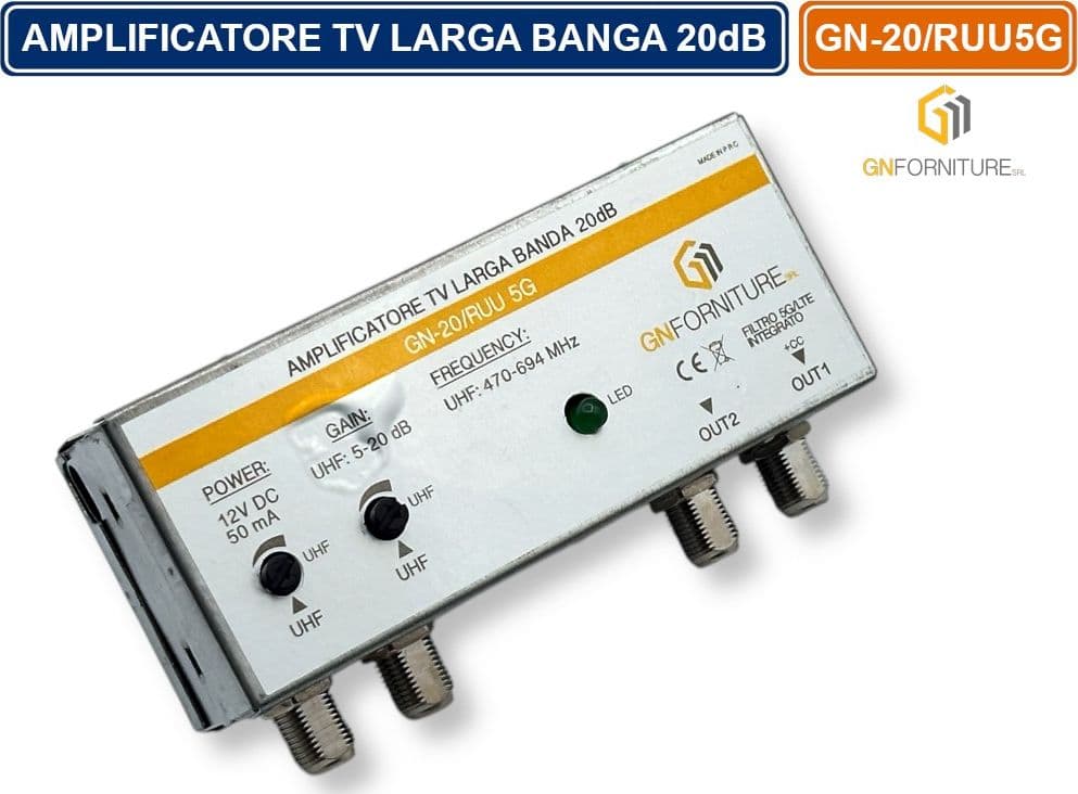 AMPLIFICATORE TV LARGA BANDA 20dB CON FILTRO 5G/LTE INTEGRATO PER DVB-T2 2 INGRESSI 2 USCITE - 3