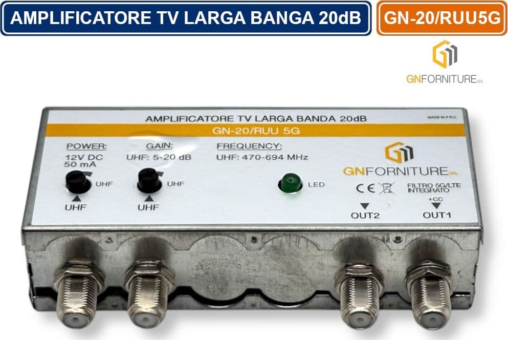 AMPLIFICATORE TV LARGA BANDA 20dB CON FILTRO 5G/LTE INTEGRATO PER DVB-T2 2 INGRESSI 2 USCITE - 4