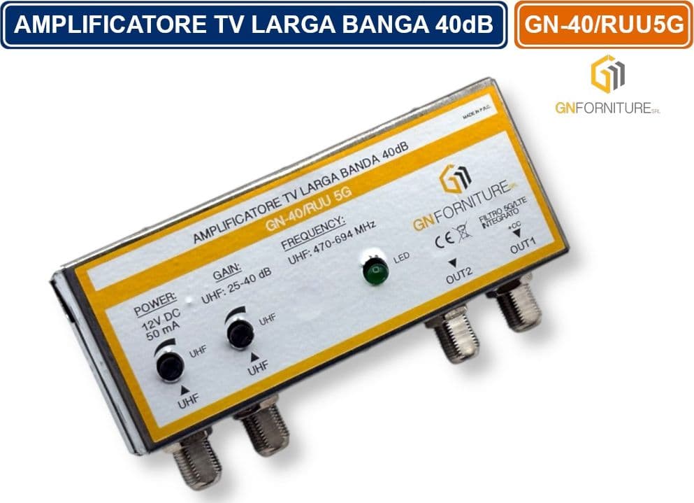 AMPLIFICATORE TV LARGA BANDA 40dB CON FILTRO 5G/LTE INTEGRATO PER DVB-T2 2 INGRESSI 2 USCITE - 3