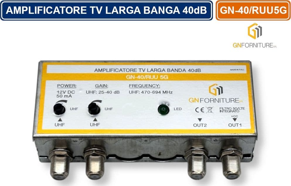 AMPLIFICATORE TV LARGA BANDA 40dB CON FILTRO 5G/LTE INTEGRATO PER DVB-T2 2 INGRESSI 2 USCITE - 4