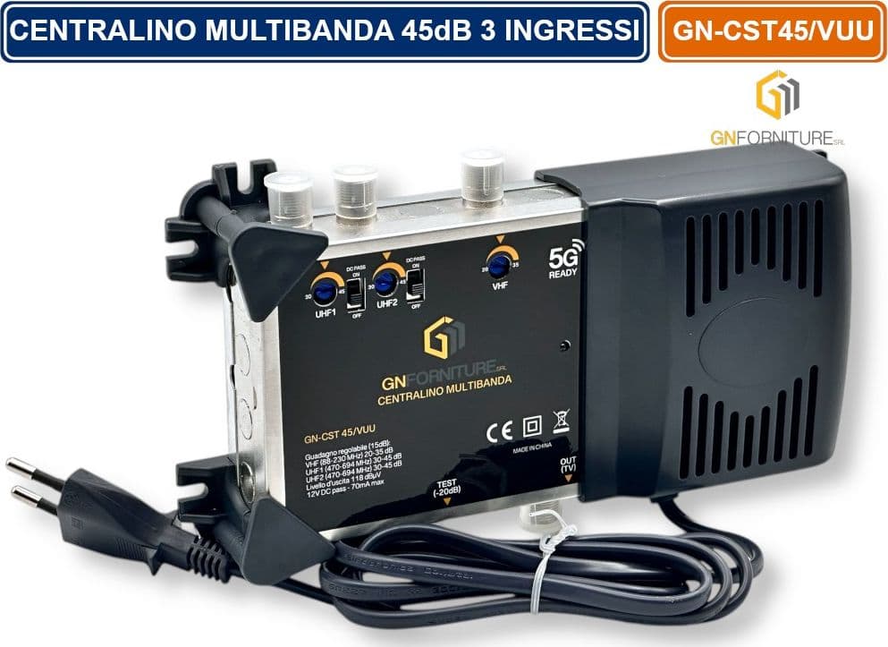 CENTRALINO MULTIBANDA 3 INGRESSI SEPARATI REGOLABILI VHF - UHF - E UHF  118DBµV 45 DB USCITA TEST 20dB CON FILTRO 5G - 2