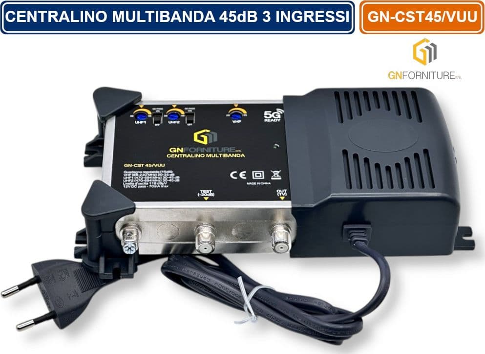 CENTRALINO MULTIBANDA 3 INGRESSI SEPARATI REGOLABILI VHF - UHF - E UHF  118DBµV 45 DB USCITA TEST 20dB CON FILTRO 5G - 3