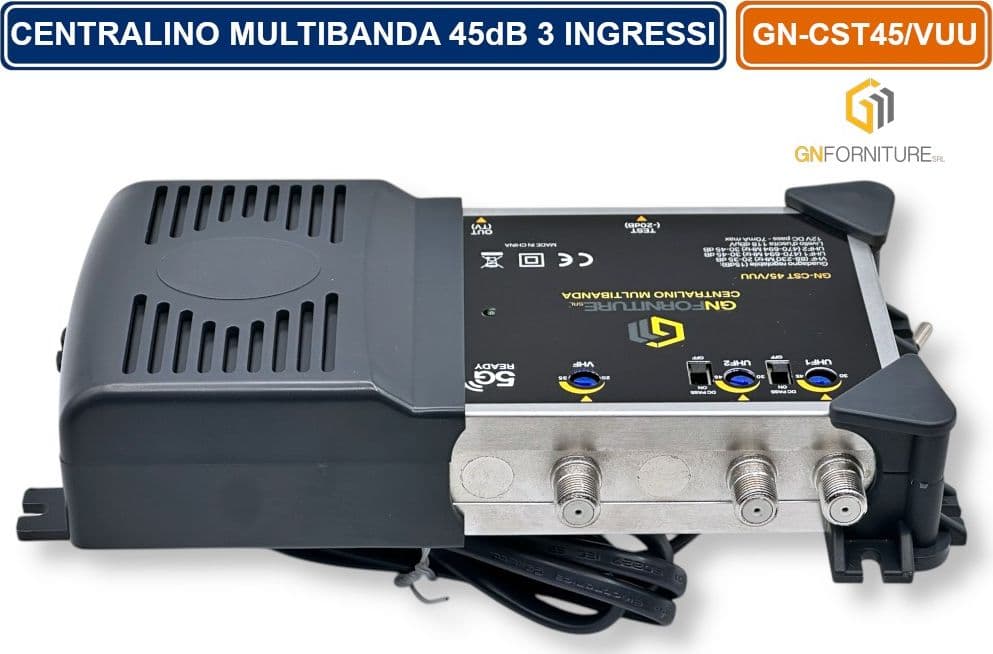 CENTRALINO MULTIBANDA 3 INGRESSI SEPARATI REGOLABILI VHF - UHF - E UHF  118DBµV 45 DB USCITA TEST 20dB CON FILTRO 5G - 4