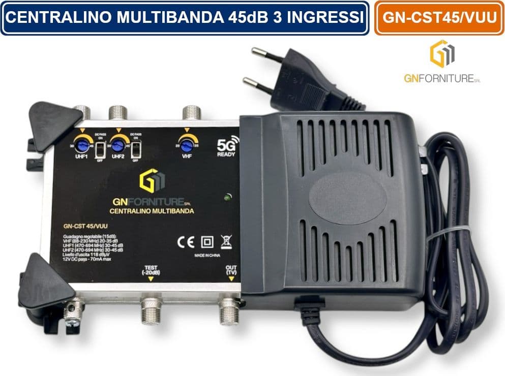 CENTRALINO MULTIBANDA 3 INGRESSI SEPARATI REGOLABILI VHF - UHF - E UHF  118DBµV 45 DB USCITA TEST 20dB CON FILTRO 5G - 5