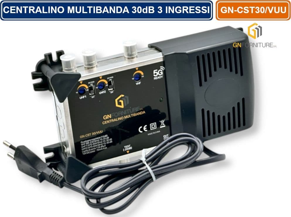 CENTRALINO MULTIBANDA 3 INGRESSI SEPARATI REGOLABILI VHF - UHF - E UHF  118DBµV 30 DB USCITA TEST 20dB CON FILTRO 5G - 2