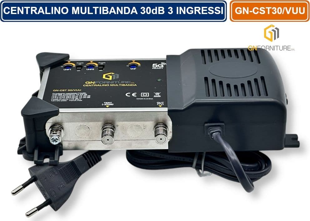 CENTRALINO MULTIBANDA 3 INGRESSI SEPARATI REGOLABILI VHF - UHF - E UHF  118DBµV 30 DB USCITA TEST 20dB CON FILTRO 5G - 4