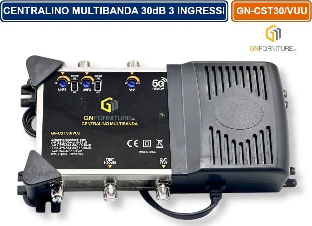 CENTRALINO MULTIBANDA 3 INGRESSI SEPARATI REGOLABILI VHF - UHF - E UHF  118DBµV 30 DB USCITA TEST 20dB CON FILTRO 5G - 5