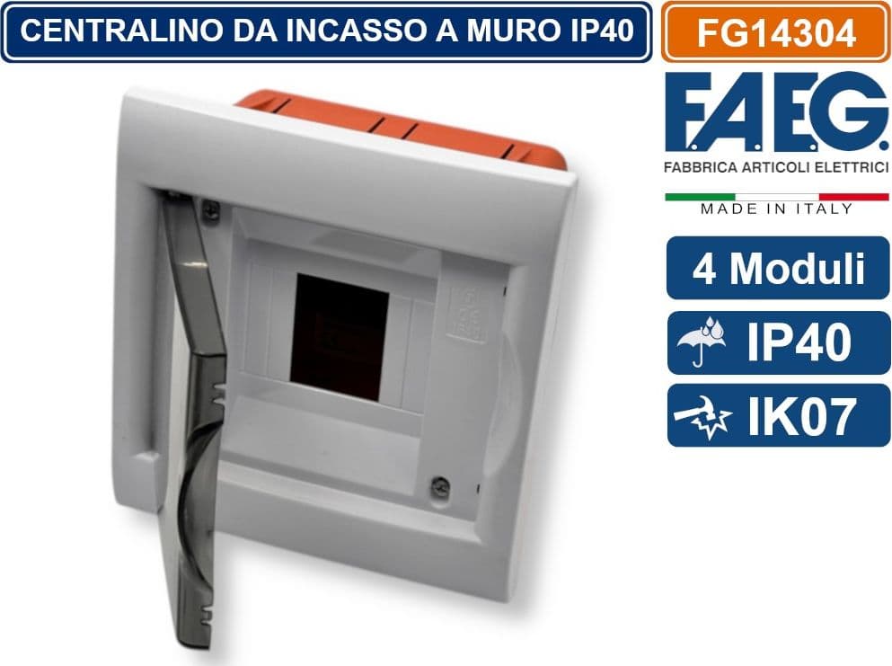 CENTRALINO DA INCASSO 4 MODULI CON CORNICE BIANCA E PORTELLO FUMÈ IP40 FAEG - FG14304 - 2