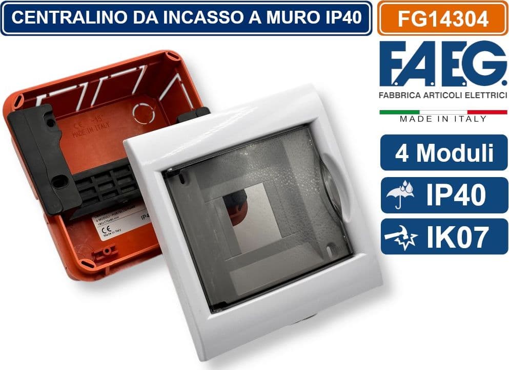 CENTRALINO DA INCASSO 4 MODULI CON CORNICE BIANCA E PORTELLO FUMÈ IP40 FAEG - FG14304 - 3