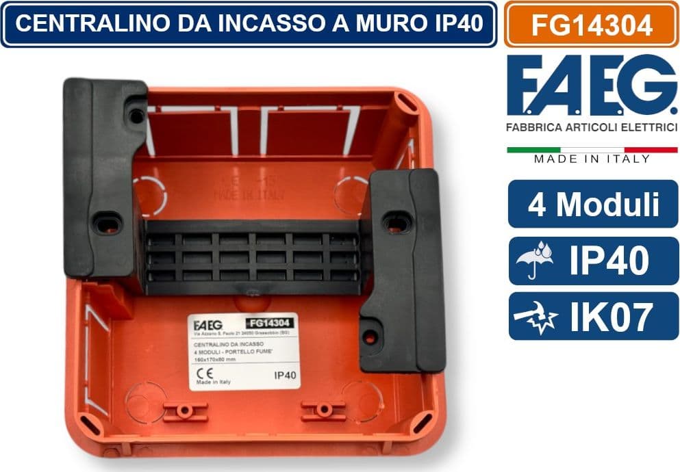 CENTRALINO DA INCASSO 4 MODULI CON CORNICE BIANCA E PORTELLO FUMÈ IP40 FAEG - FG14304 - 4