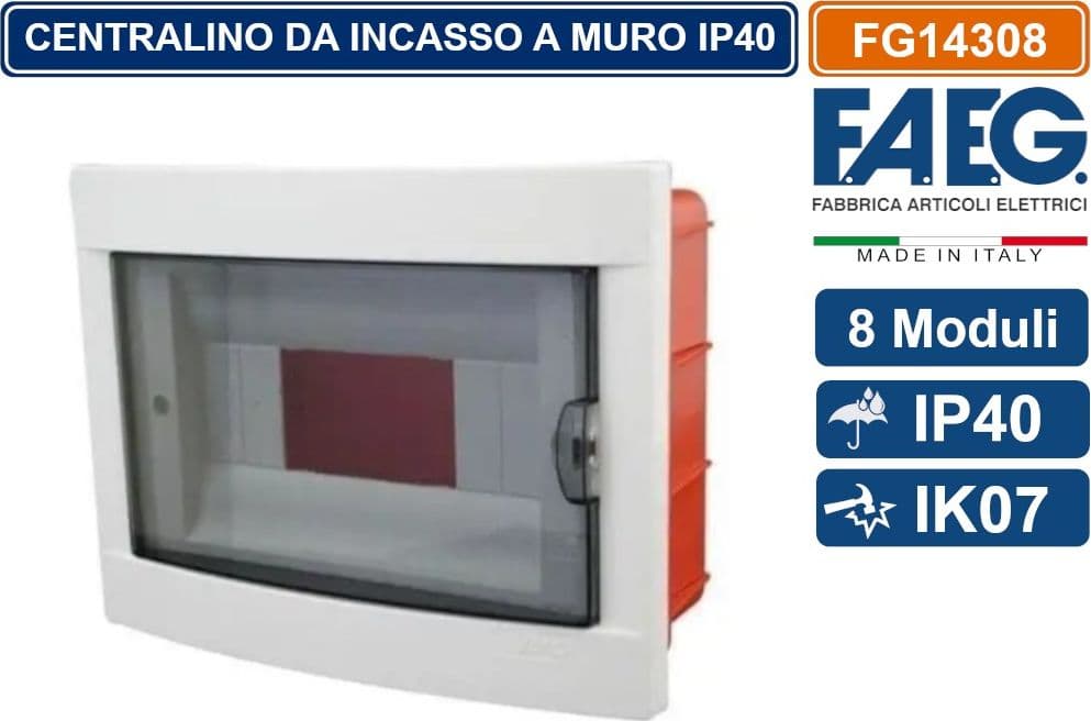 CENTRALINO DA INCASSO 8 MODULI CON CORNICE BIANCA E PORTELLO FUMÈ IP40 FAEG - FG14308 - 2