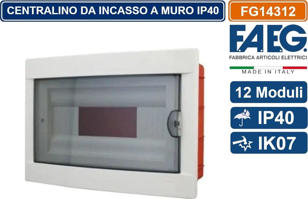 CENTRALINO DA INCASSO 12 MODULI CON CORNICE BIANCA E PORTELLO FUMÈ IP40 FAEG - FG14312 - 2