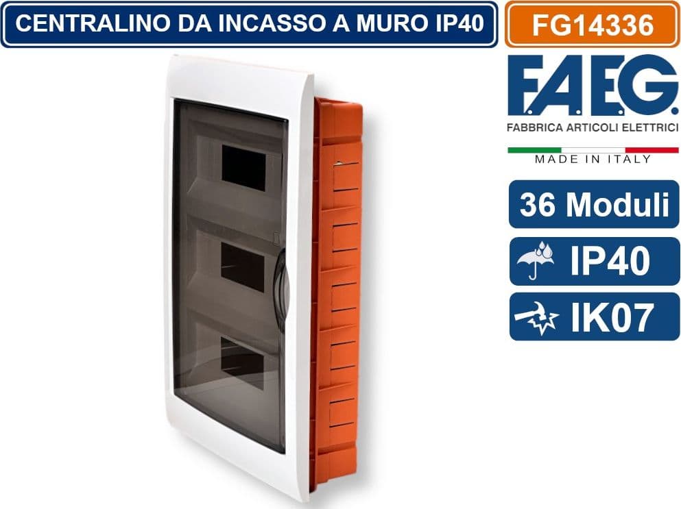 CENTRALINO DA INCASSO 36 MODULI CON CORNICE BIANCA E PORTELLO FUMÈ IP40 FAEG - FG14336 - 2