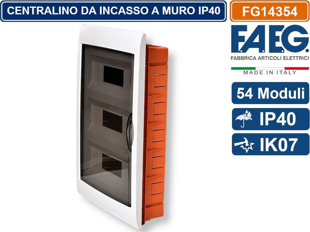 CENTRALINO DA INCASSO 54 MODULI CON CORNICE BIANCA E PORTELLO FUMÈ IP40 FAEG - FG14354 - 2