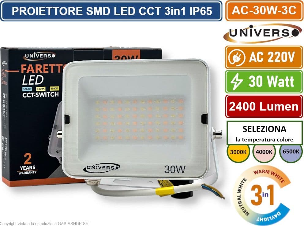 UNIVERSO AC-30W-3C FARO PROIETTORE SMD LED FLOODLIGHT 30W SLIM IP65 COLORE BIANCO CCT 3in1 COLORE LUCE SELEZIONABILE
