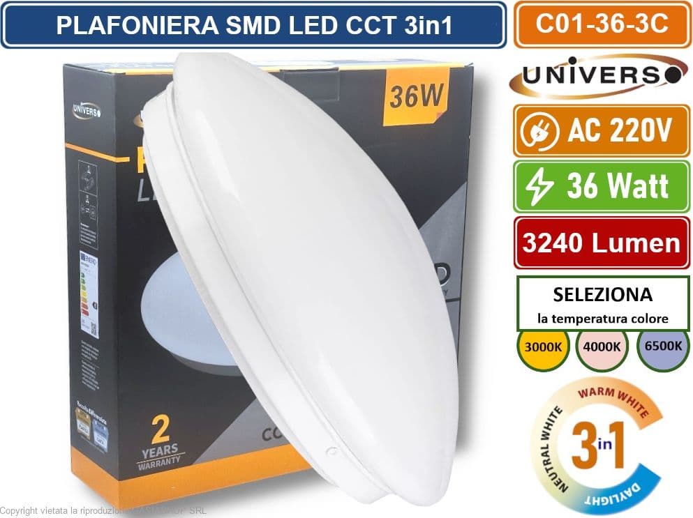 UNIVERSO C01-36W-3C PLAFONIERA CIRCOLARE A LED 36W MONTAGGIO A SOFFITTO CCT 3in1 COLORE LUCE SELEZIONABILE