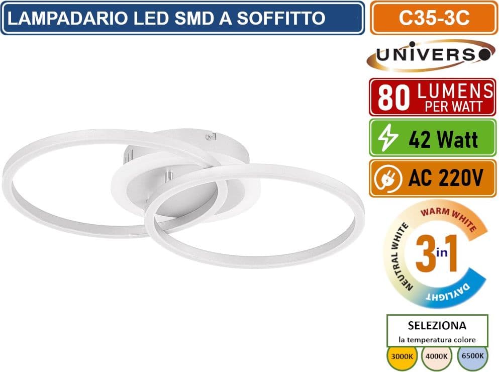 UNIVERSO C35 PLAFONIERA LAMPADARIO LED SMD A SOFFITTO DESIGN AD ANELLI 42W 3IN1 CCT CAMBIA COLORE LUCE