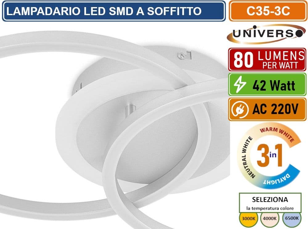 UNIVERSO C35 PLAFONIERA LAMPADARIO LED SMD A SOFFITTO DESIGN AD ANELLI 42W 3IN1 CCT CAMBIA COLORE LUCE - 2