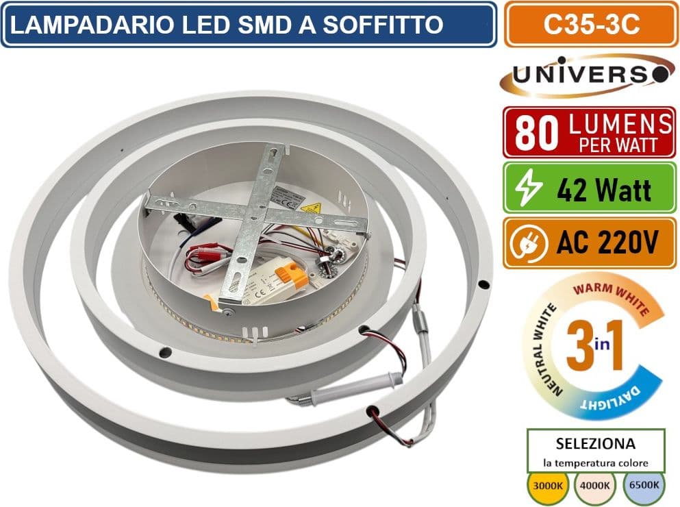 UNIVERSO C35 PLAFONIERA LAMPADARIO LED SMD A SOFFITTO DESIGN AD ANELLI 42W 3IN1 CCT CAMBIA COLORE LUCE - 3