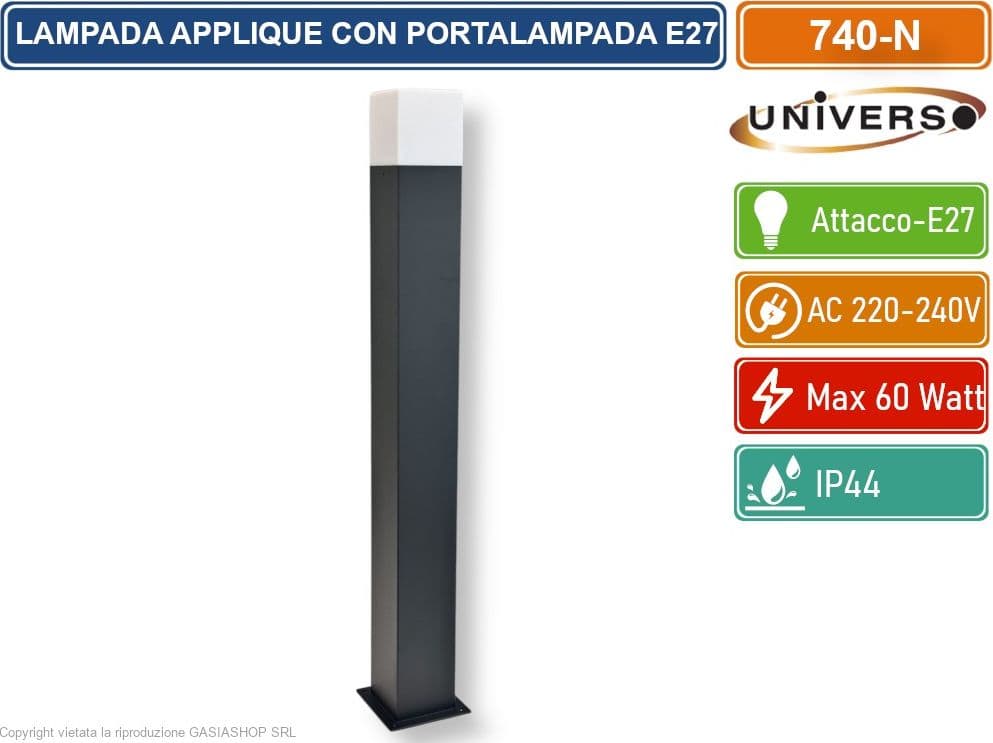 UNIVERSO 740-N PORTALAMPADA APPLIQUE DA GIARDINO WALL LIGHT QUADRATO PER LAMPADINE E27 COLORE NERO - 2