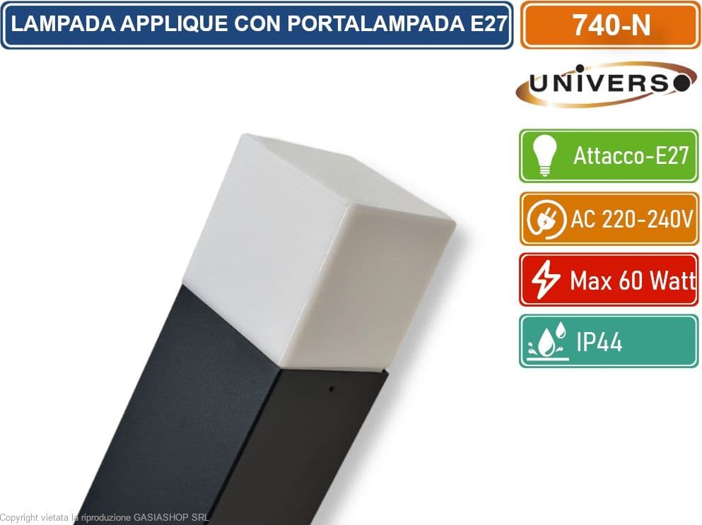 UNIVERSO 740-N PORTALAMPADA APPLIQUE DA GIARDINO WALL LIGHT QUADRATO PER LAMPADINE E27 COLORE NERO - 3