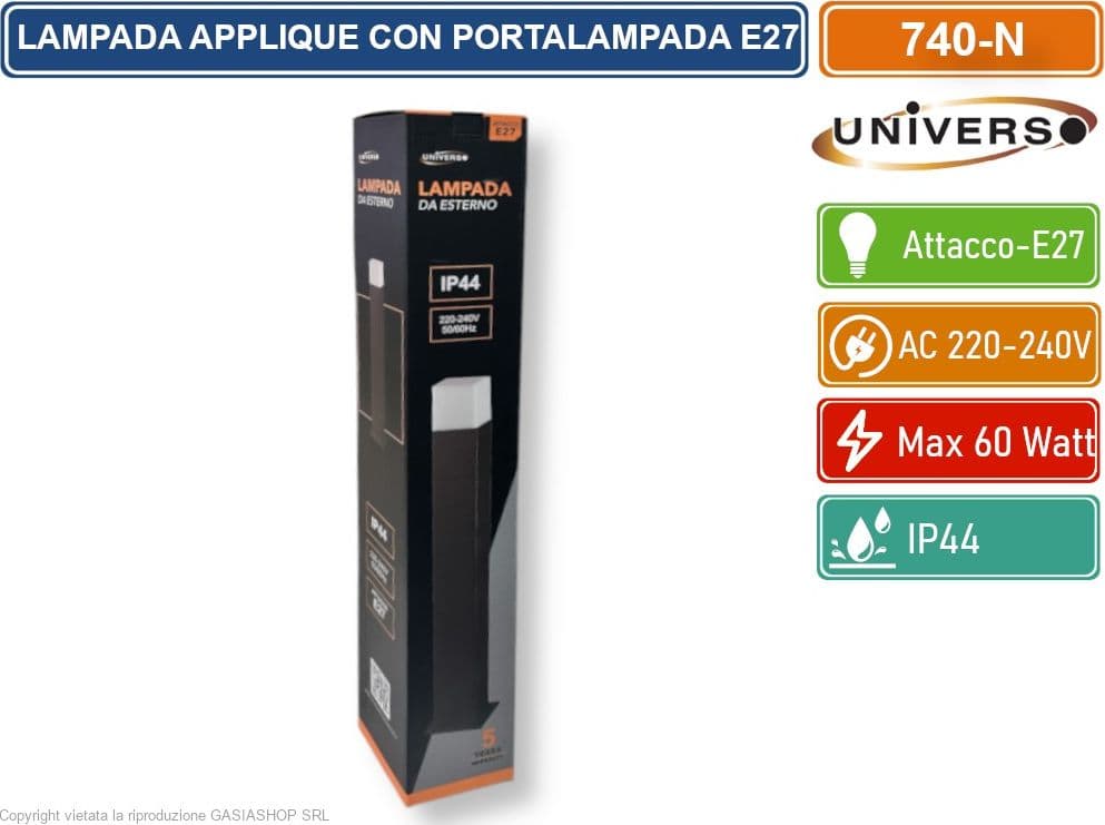UNIVERSO 740-N PORTALAMPADA APPLIQUE DA GIARDINO WALL LIGHT QUADRATO PER LAMPADINE E27 COLORE NERO - 5