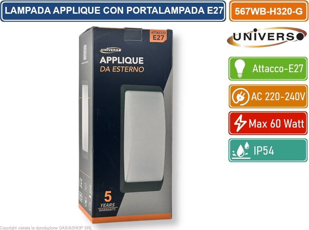 UNIVERSO LAMPADA APPLIQUE A MURO DA ESTERNO PER LAMPADINE CON ATTACCO E27 IP54 - 4