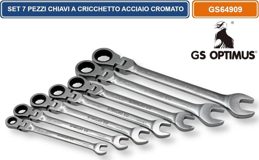 SET DI 7 CHIAVI A CRICCHETTO CON TESTA SNODABILE ACCIAIO CROMO VANADIO 8-19 mm - 2