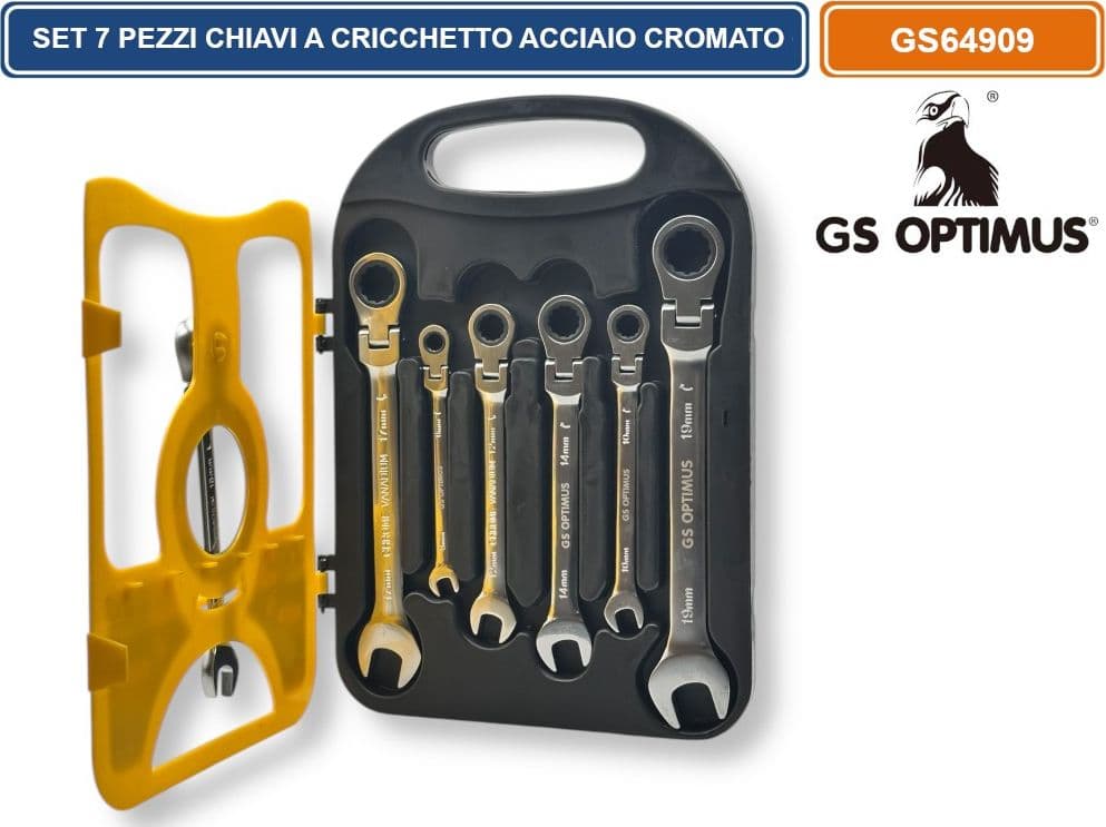 SET DI 7 CHIAVI A CRICCHETTO CON TESTA SNODABILE ACCIAIO CROMO VANADIO 8-19 mm - 5