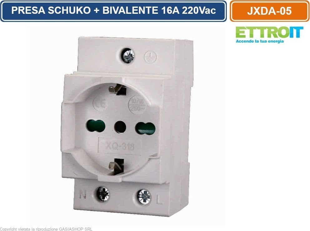 PRESA SCHUKO BIPASSO SU GUIDA DIN PER QUADRO ELETTRICO 2.5 MODULI 16A 220VAC - ETTROIT - 4