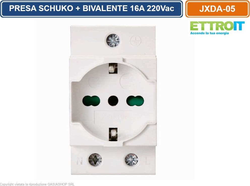 PRESA SCHUKO BIPASSO SU GUIDA DIN PER QUADRO ELETTRICO 2.5 MODULI 16A 220VAC - ETTROIT - 2