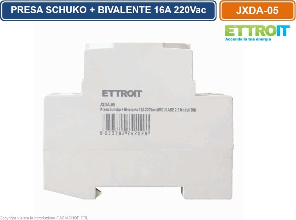 PRESA SCHUKO BIPASSO SU GUIDA DIN PER QUADRO ELETTRICO 2.5 MODULI 16A 220VAC - ETTROIT - 3