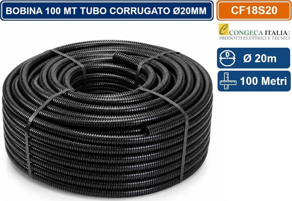MATASSA 100 METRI TUBO CORRUGATO Ø20MM TERMOPLASTICO DI COLORE NERO