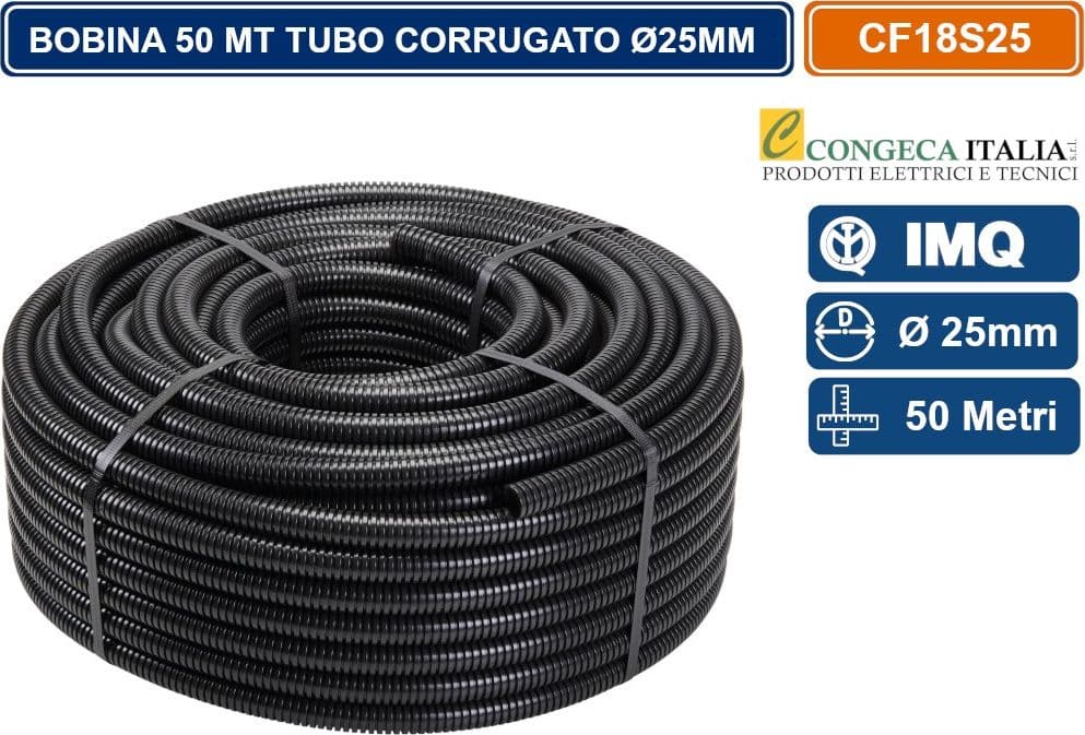 MATASSA 50 METRI TUBO CORRUGATO Ø25MM TERMOPLASTICO DI COLORE NERO
