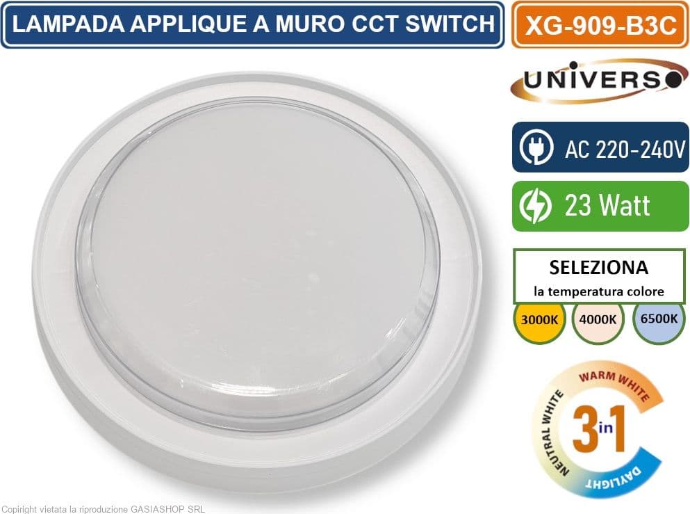 UNIVERSO XG-909-B3C PLAFONIERA LED SMD ROTONDA 23W DA ESTERNO IP65 CAMBIA COLORE SWITCH CCT 3in1 3000K-4000K-6500K - 2