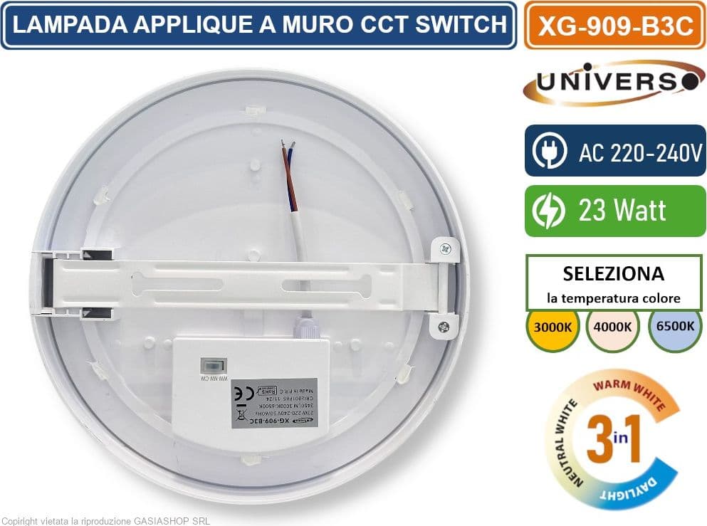UNIVERSO XG-909-B3C PLAFONIERA LED SMD ROTONDA 23W DA ESTERNO IP65 CAMBIA COLORE SWITCH CCT 3in1 3000K-4000K-6500K - 3