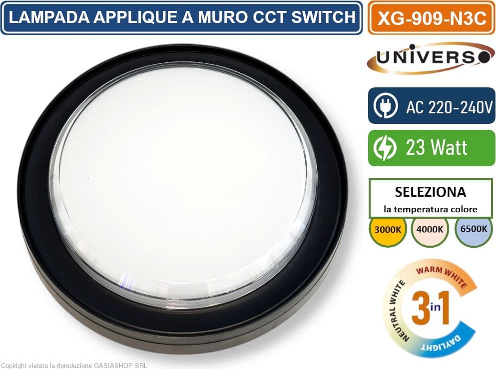 UNIVERSO XG-909-N3C PLAFONIERA LED SMD ROTONDA 23W DA ESTERNO IP65 CAMBIA COLORE SWITCH CCT 3in1 3000K-4000K-6500K - 2