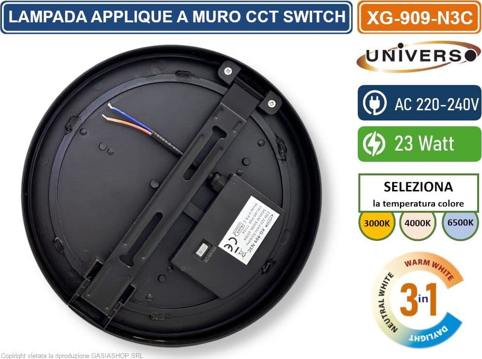 UNIVERSO XG-909-N3C PLAFONIERA LED SMD ROTONDA 23W DA ESTERNO IP65 CAMBIA COLORE SWITCH CCT 3in1 3000K-4000K-6500K - 3