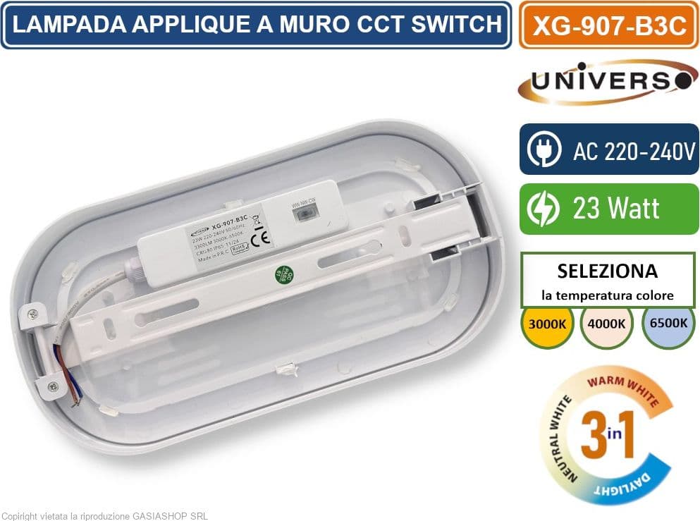 UNIVERSO XG-907-B3C PLAFONIERA LED SMD OVALE 23W DA ESTERNO IP65 CAMBIA COLORE SWITCH CCT 3in1 3000K-4000K-6500K - 3