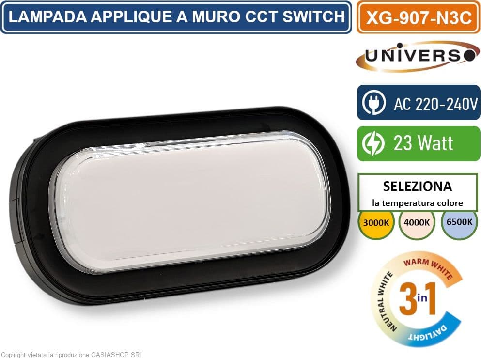 UNIVERSO XG-907-N3C PLAFONIERA LED SMD OVALE 23W DA ESTERNO IP65 CAMBIA COLORE SWITCH CCT 3in1 3000K-4000K-6500K - 2