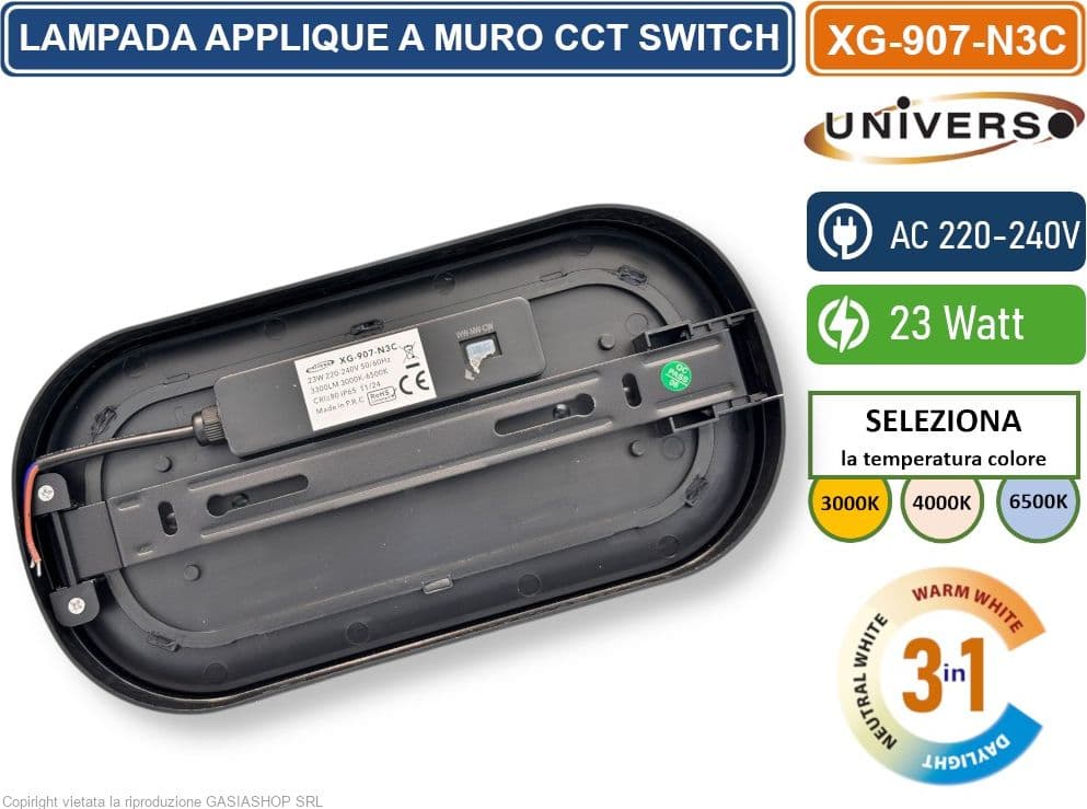 UNIVERSO XG-907-N3C PLAFONIERA LED SMD OVALE 23W DA ESTERNO IP65 CAMBIA COLORE SWITCH CCT 3in1 3000K-4000K-6500K - 3